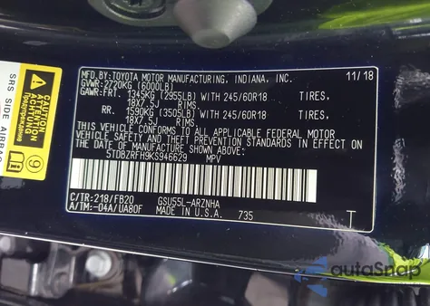 2019 Toyota Highlander Le z USA, uszkodzony, nr VIN 5TDBZRFH9KS946629